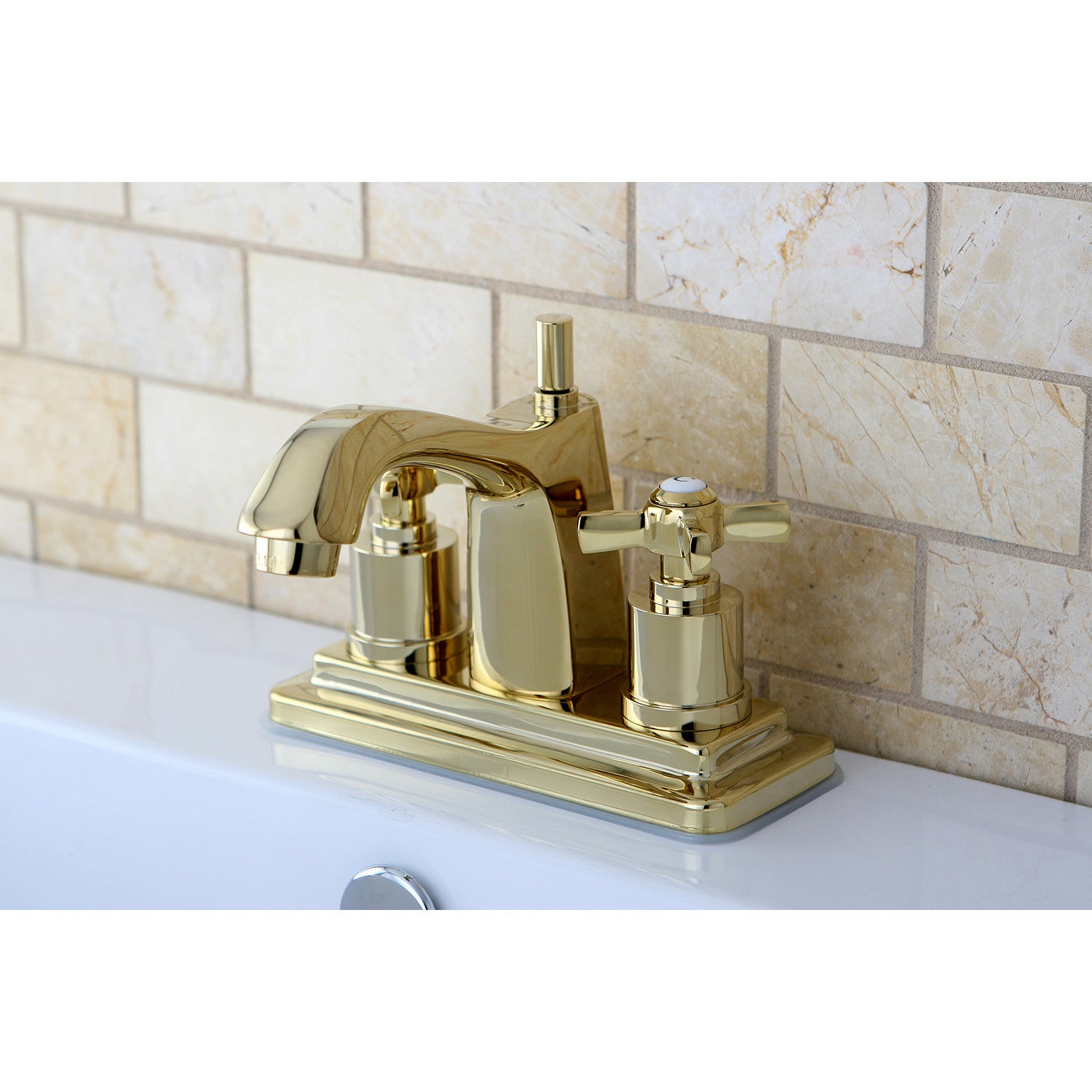 Kingston Tulare KS8642ZX - Millennium Double-Handle 3-Hole Deck Mount 4-Inch Centerset Bathroom Faucet with Brass Pop-Up, Polished Brass — thumbnail 2